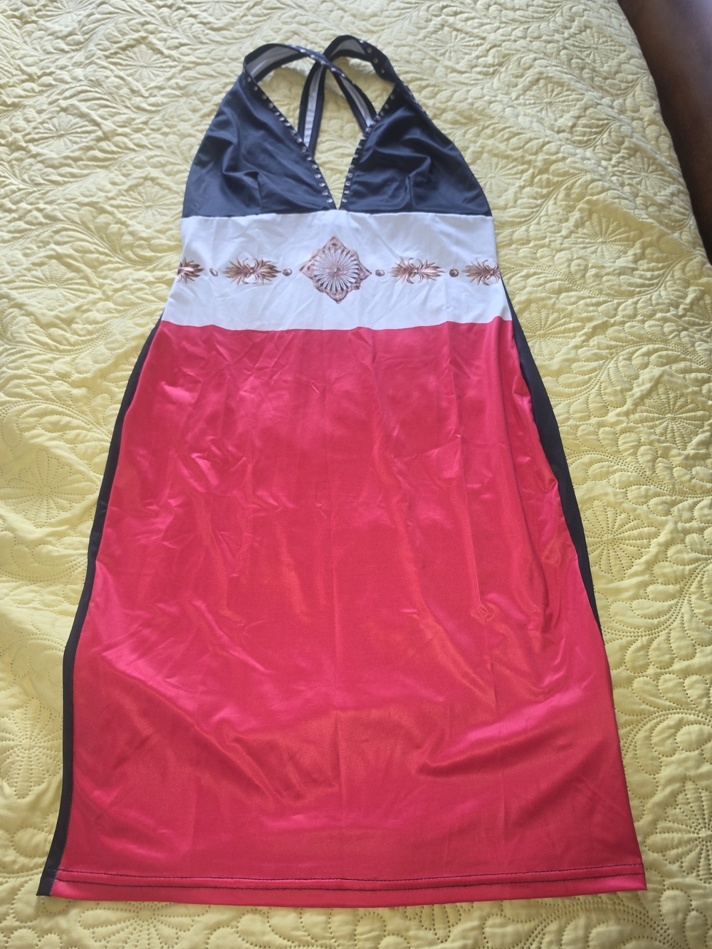 Source Unknown Black, White & Hot Pink Halter Midi Dress with Embroidered Waist